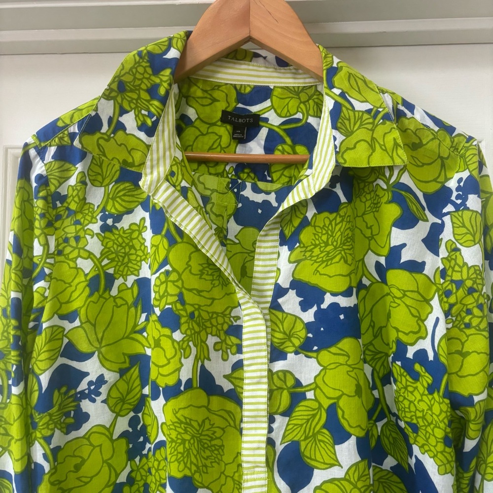 Talbots Green Blue Floral Cotton Tunic Blouse | Women’s XL Preppy Coastal Top - Picture 4 of 13